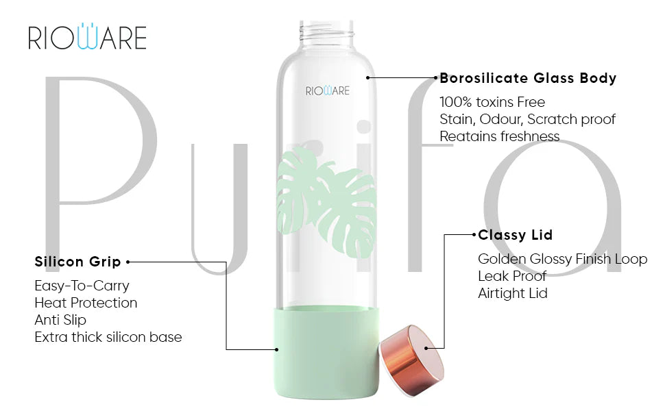 Purifa Borosilicate Glass Water Bottle With Silicon Sleeve 750ml Green